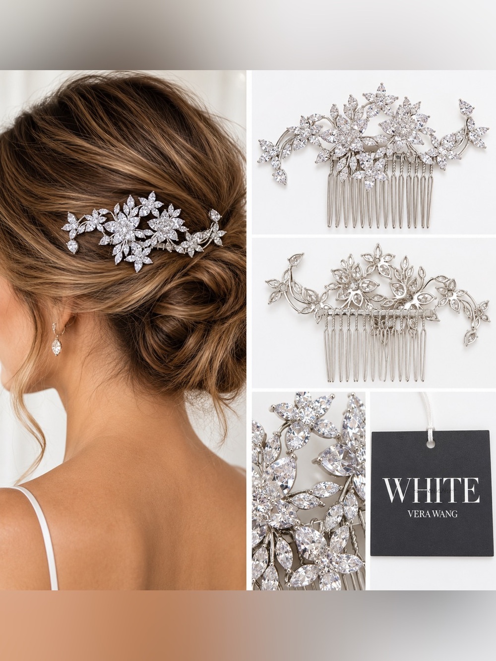 WHITE by Vera Wang VWC72346 Cubic Zirconia Floral Bridal Hair Comb Silver NWT